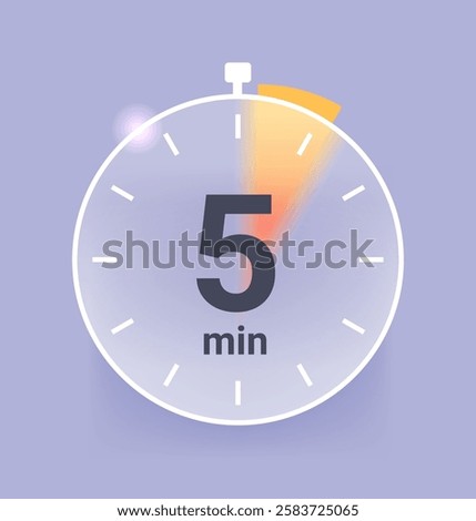 Five minutes clock icon in glass morphism style. Time vector symbol illustration