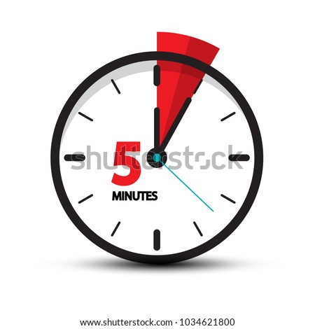 Five Minutes Clock Icon Isolated on White Background. 5 Minutes Vector Time Symbol.