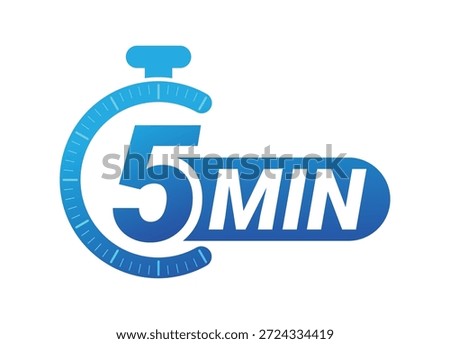 Five minutes countdown timer with stopwatch symbol on white background. Clean modern vector logo illustration for productivity and time management.