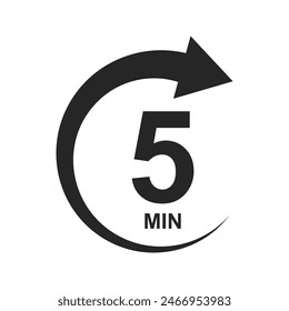 Five minutes icon with circle arrow. Stopwatch symbol. 5 min countdawn sign. Sport or cooking timer isolated on white background. Delivery, deadline, duration pictogram. Vector graphic illustration.