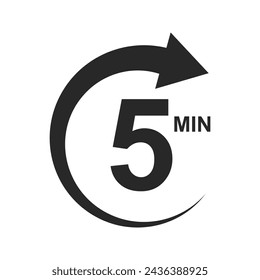 Five minutes icon with round arrow. 5 min stopwatch or countdawn sign. Sport or cooking timer isolated on white background. Delivery, deadline, duration pictogram. Vector graphic illustration.