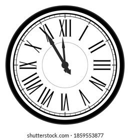 Five minutes to midnight, new year celebration, traditional countdown to new year, flat roman numeral dial, twelve hour watch