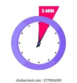 Five minutes on analog clock face flat style design vector illustration icon sign isolated on white background. Analogue wall clock 5 minutes time management business concept.