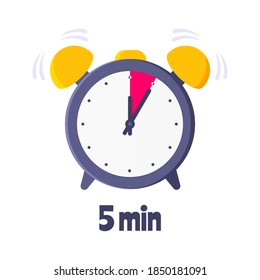 Five minutes on analog clock face flat style design vector illustration icon sign isolated on white background. Analogue wall clock 5 minutes time management business concept.