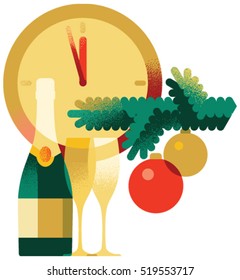 Five minutes until New Year. Decorative composition with christmas tree and bottle of champagne. Flat style vector illustration.