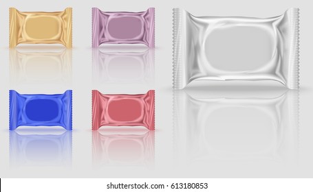 Five mock-up biscuits package in different colors, orange and red, purple and blue. Blank Foil Packaging Plastic Package for design in 3d illustration
