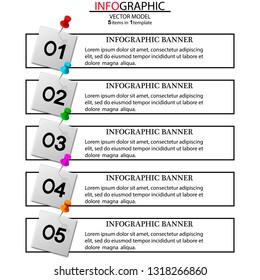Five modern elements of infographics for business,advertising, presentation,process diagram, workflow layout, banner, flow chart, info graph.Parts of infographics are fastened with a stationery nail.