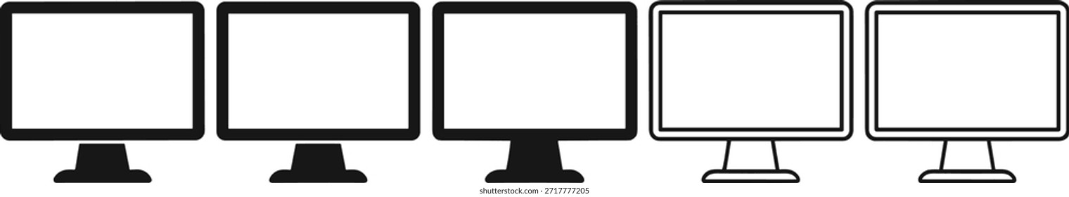 Fünf Monitore an Ständern in einer Reihe, Computerbildschirme schwarz-weiß