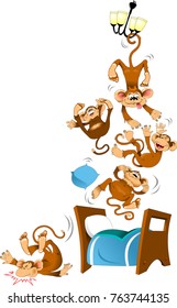 five monkeys  laughing and jumping, vector and illustration