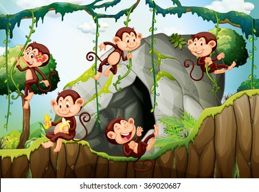 Five monkeys living in the forest illustration