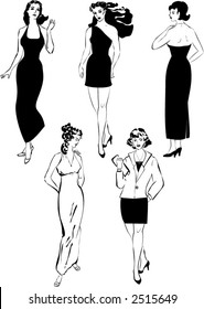 five monochrome women - vector