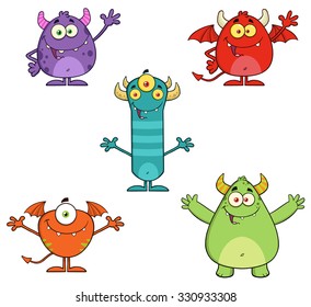 Five Monster Cartoon Characters Waving. Vector Collection Set