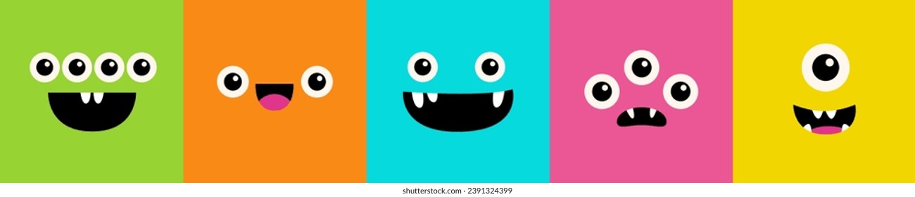 Cinco líneas de juego de caras monstruosas. Cabeza cuadrada. Feliz Halloween. Spooky Smiling Boo gritando triste emoción facial. Carácter lindo. Ojos, lengua, colmillos de dientes, ratón. Diseño plano. Vector de fondo para niños bebés