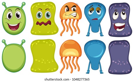 Five monsters with different facial expressions illustration