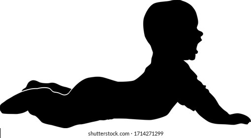 five months baby on tummy leaning on hands from profile, vector silhouette isolated on white background