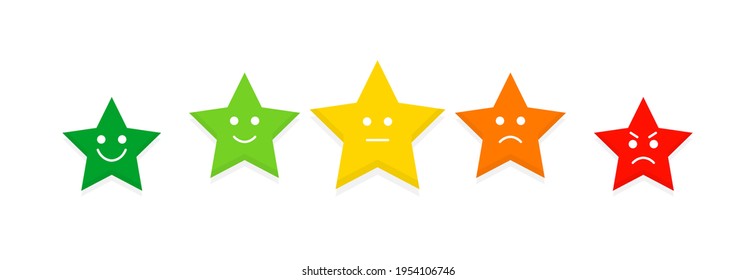 Cinco indicadores de estado de ánimo estrella, revisión, clasificación. Escala de comentarios de emoción. Caras que expresan enojo o tristeza, neutralidad, alegría o felicidad. Encuesta de satisfacción del cliente. Calidad de servicio de nivel Isolación de ilustración vectorial