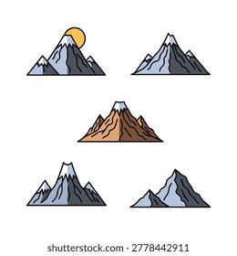 Five mountain peak drawings with dark outlines, snow-capped summits, and shaded rocky slopes are arranged on a light background. One peak includes a yellow sun behind the summit.