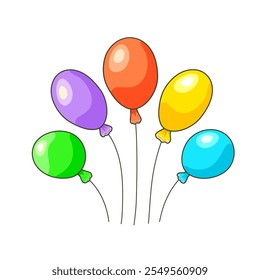 Five multicolored balloons of blue, green, yellow, red and purple colors on an isolated white square background. Individual elements. Birthday. Vector illustration.