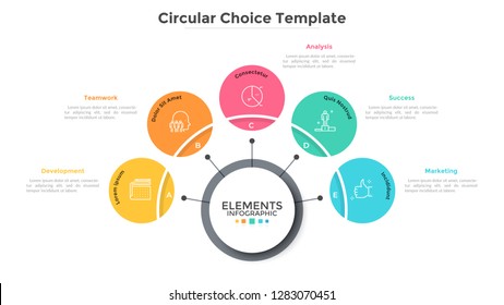 Five multicolored circles connected with main round element in center, 5 features of business process concept. Minimalist infographic design template. Vector illustration for presentation, website.