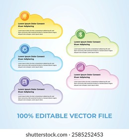 Five multicolored corporate infographic cloud pointers for dynamic visual presentations
