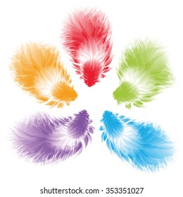 Five multi-colored feathers on a white background. Vector, isolated objects. This file contains the brush allows you to draw fluffy feathers in one motion