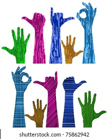 Five multicolored hands in the top row and five coloured hands in the lower row express different gestures