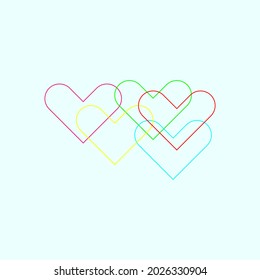 Five multi-colored hearts on a light background