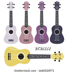 Five multi-colored ukulele on a white background. Musical instruments