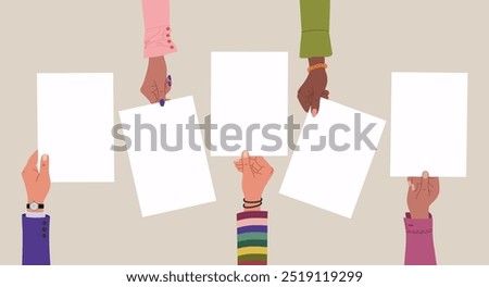 Five multiracial hands holding empty blank papers. Hand drawn vector illustration isolated on light background. Modern flat cartoon style.