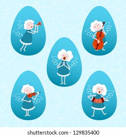 Five musical angels on the Easter eggs. Vector cartoon illustration.