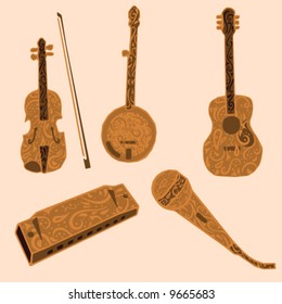 Five musical instruments typically associated with country music, a fiddle, banjo, guitar, harmonica and microphone with paisley patterning