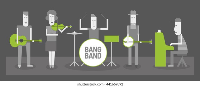 Five musicians, country and folk band, flat style vector illustration, black and white and green