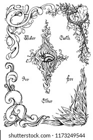 Five nature elements with calligraphic inscription. Ink hand drawing. Air, earth, water, fire, ether. 