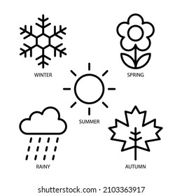 Five Nature Season Icon Set, Winter, Spring, Summer, Rainy And Autumn, Vector Design Illustration