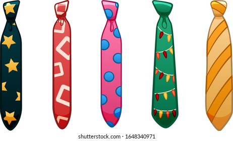 Five neckties of different colors and patterns set isolated illustration. White background, vector.