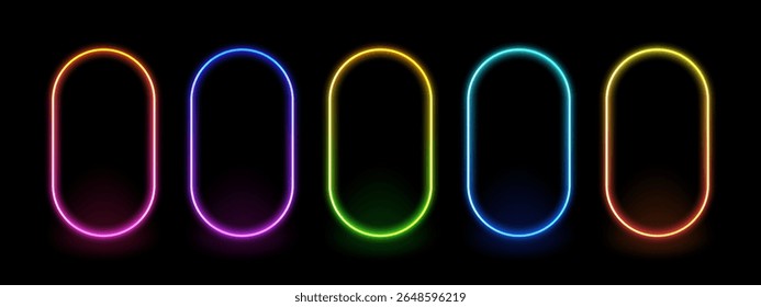Five neon frames in different rainbow colors on a black background. Abstract luminous electric light design element.