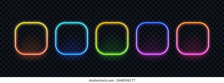 Cinco quadros de néon com cantos arredondados definidos. Caixas de luz quadradas brilhantes e coloridas. Borda abstrata moderna para design e decoração.