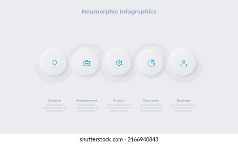 Five neumorphic circles arranged in horizontal row with a curved line. Concept of 5 steps of business development process.
