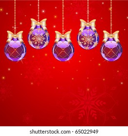 five new-year purple transparent balls with the artistic gilded pattern on red bright background.