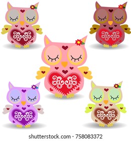 Five Nice smiling owl with a lilac flower on the ear and ornament on the heart and wings, closed eyes