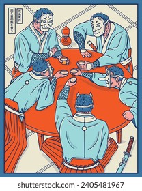 Cinco nobles samurai están sentados alrededor de una mesa celebrando un buen evento y bebiendo sake. El kanji japonés de la izquierda significa "comer de la misma olla" y "la belleza de la naturaleza".