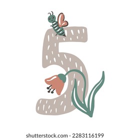 Five. Number 5. Abstract math kids alphabet. School child graphic vector illustration. Mathematics font design with flowers.