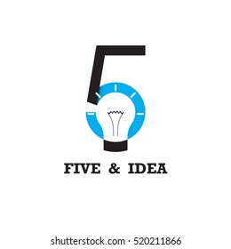 Five number icon and light bulb abstract logo design vector template.Business and education logotype idea concept.Vector illustration