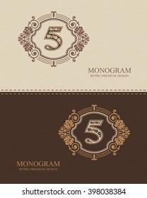 Five Number Typographic design elements, Calligraphic graceful template, Elegant line art logo, Business sign for Royalty
