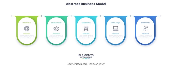 Five numbered circular frames placed in horizontal row. Concept of 5 stages of marketing strategy. Modern flat infographic design template. Simple vector illustration for business presentation.