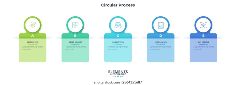 Five numbered circular frames placed in horizontal row. Concept of 5 stages of marketing strategy. Modern flat infographic design template. Simple vector illustration for business presentation.