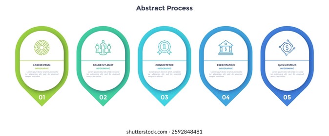 Five numbered circular frames placed in horizontal row. Concept of 5 stages of marketing strategy. Modern flat infographic design template. Simple vector illustration for business presentation.