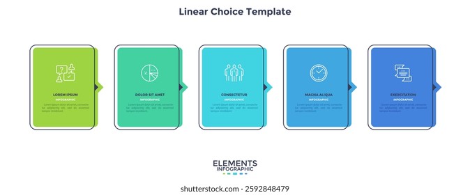 Five numbered rectangular frames with arrows placed in horizontal row. Concept of 5 stages of marketing strategy. Modern flat infographic design template. Vector illustration for business presentation