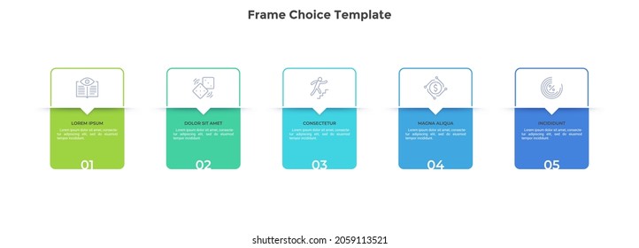 Five numbered rectangular frames placed in horizontal row. Concept of 5 stages of marketing strategy. Modern flat infographic design template. Simple vector illustration for business presentation.