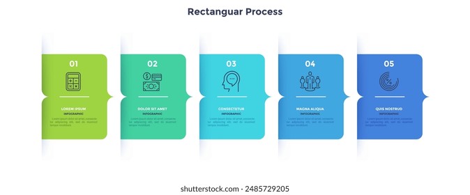 Five numbered rectangular frames placed in horizontal row. Concept of 5 stages of marketing strategy. Modern flat infographic design template. Simple vector illustration for business 